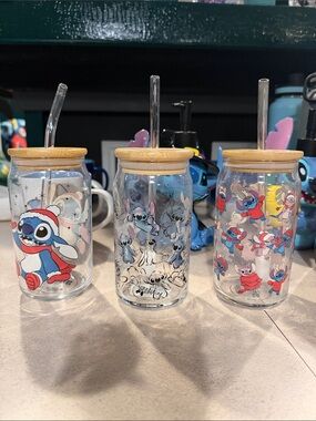 Disney Stitch Holiday Glass Drinking Jar with Bamboo Lid and Straw - 3 glasses